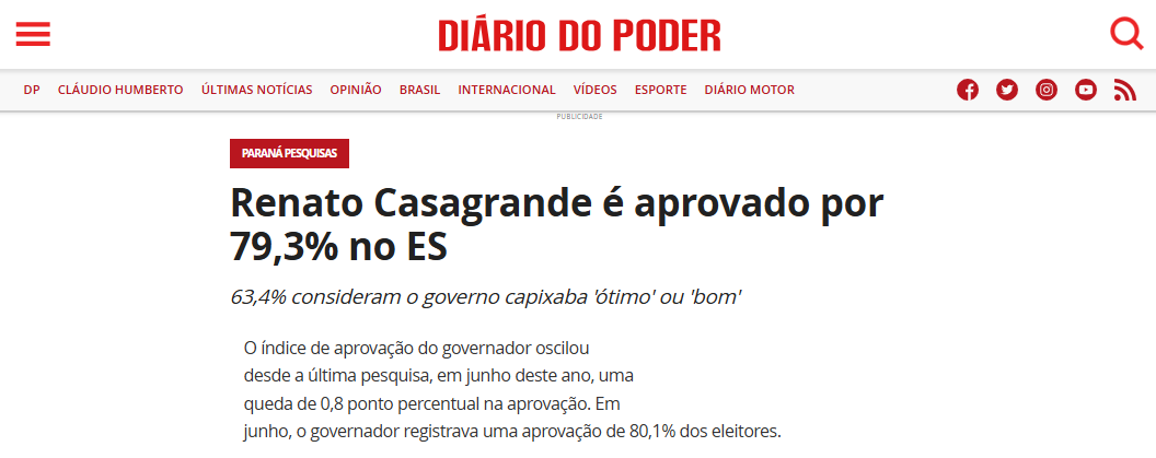 Diário do Poder cita pesquisa realizada pela Paraná Pesquisas no Estado do Espírito Santo. 2 Diário do Poder cita pesquisa realizada pela Paraná Pesquisas no Estado do Espírito Santo.