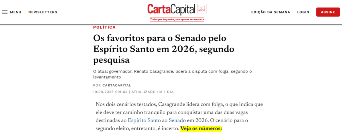 Carta Capital cita pesquisa realizada pela Paraná Pesquisas no Estado do Espírito Santo. 2 Carta Capital cita pesquisa realizada pela Paraná Pesquisas no Estado do Espírito Santo.
