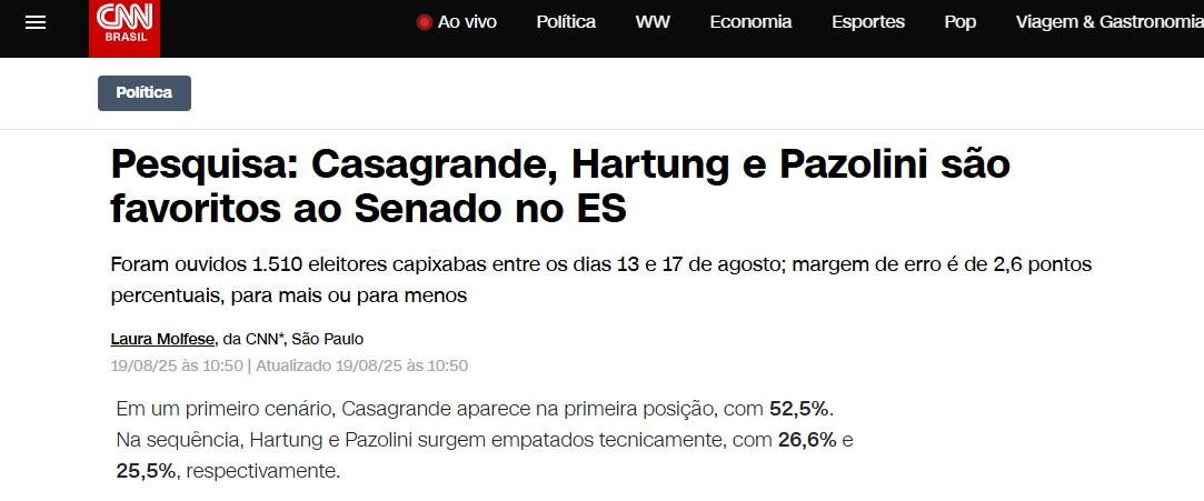 CNN Brasil cita pesquisa realizada pela Paraná Pesquisas no Estado do Espírito Santo. 2 CNN Brasil cita pesquisa realizada pela Paraná Pesquisas no Estado do Espírito Santo.