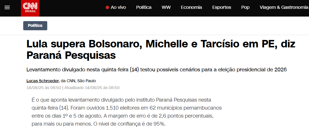 CNN Brasil cita pesquisa realizada pela Paraná Pesquisas no Estado do Espírito Santo.