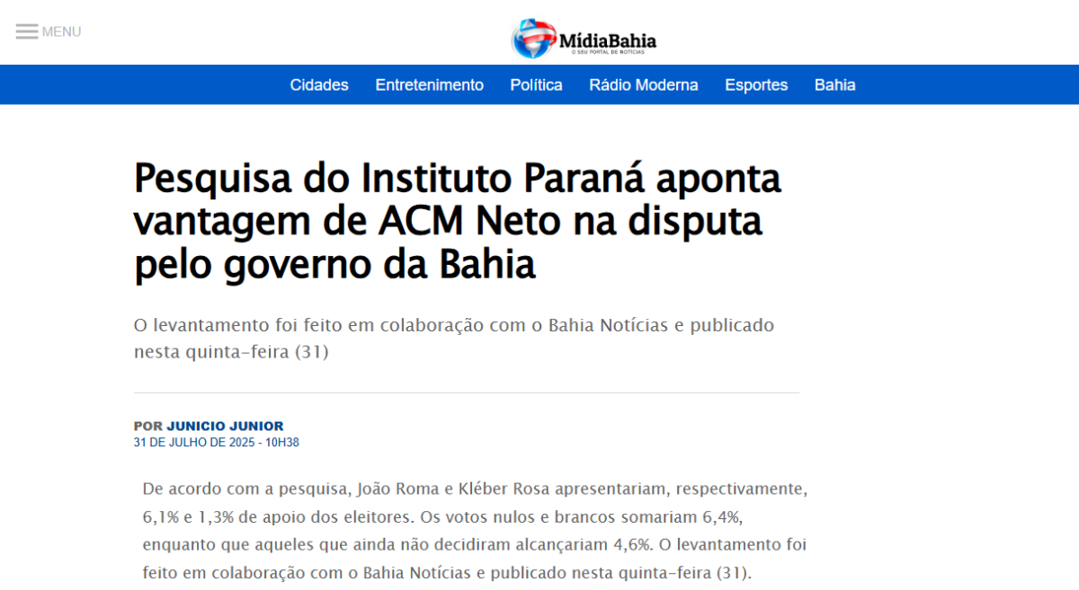 Mídia Bahia cita pesquisa realizada pela Paraná Pesquisas no Estado da Bahia.