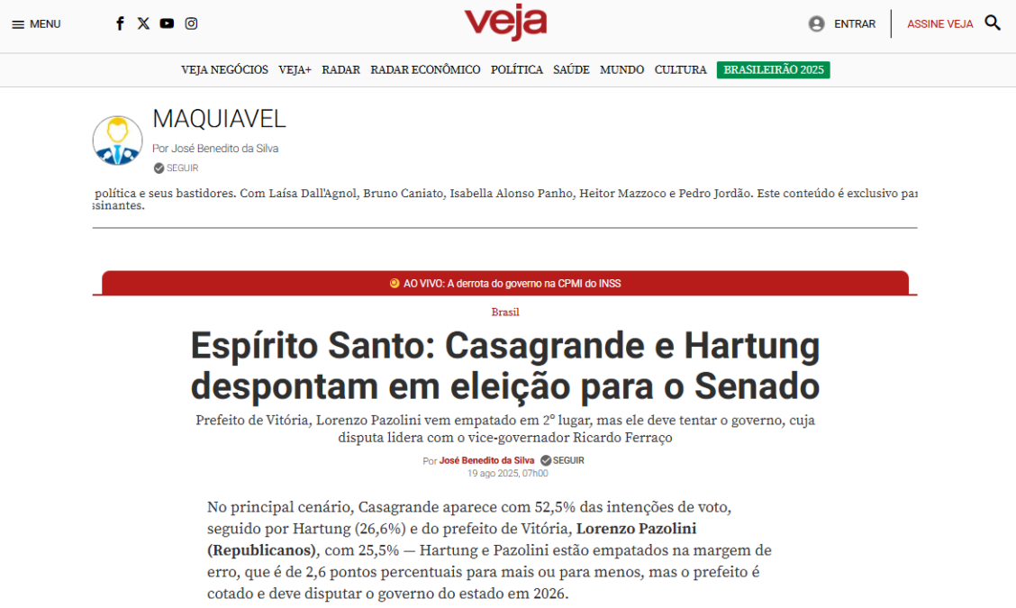 Veja cita pesquisa realizada pela Paraná Pesquisas no Estado do Espírito Santo. 2 Veja cita pesquisa realizada pela Paraná Pesquisas no Estado do Espírito Santo.