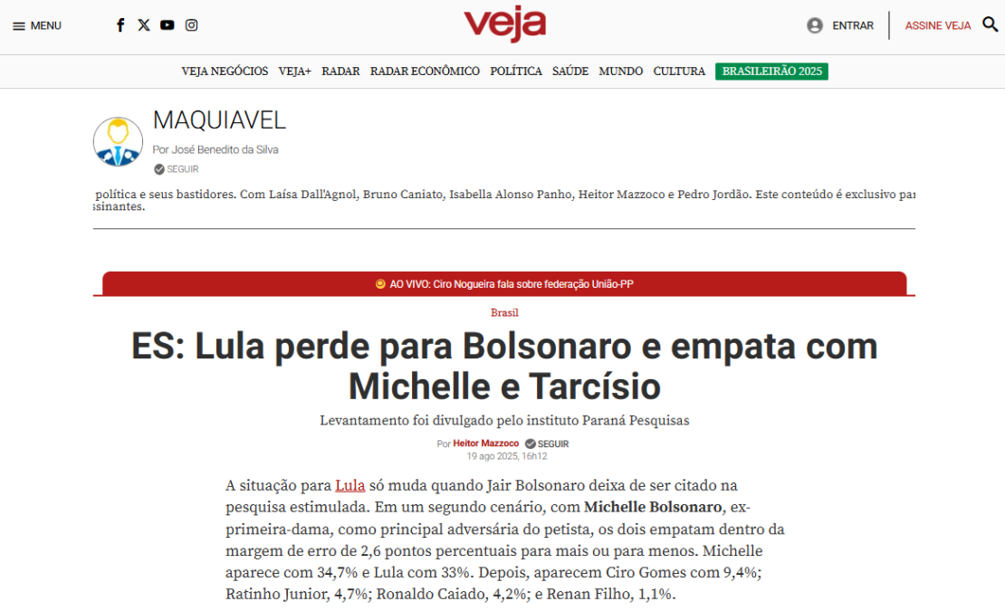 Veja cita pesquisa realizada pela Paraná Pesquisas no Estado do Espírito Santo.