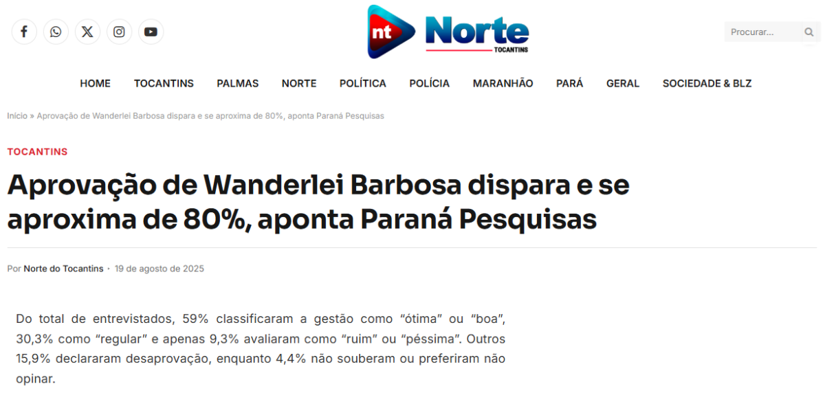 Norte do Tocantins cita pesquisa realizada pela Paraná Pesquisas no Estado do Tocantins. 2 Norte do Tocantins cita pesquisa realizada pela Paraná Pesquisas no Estado do Tocantins.