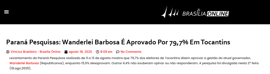 Brasília Online cita pesquisa realizada pela Paraná Pesquisas no Estado do Tocantins.