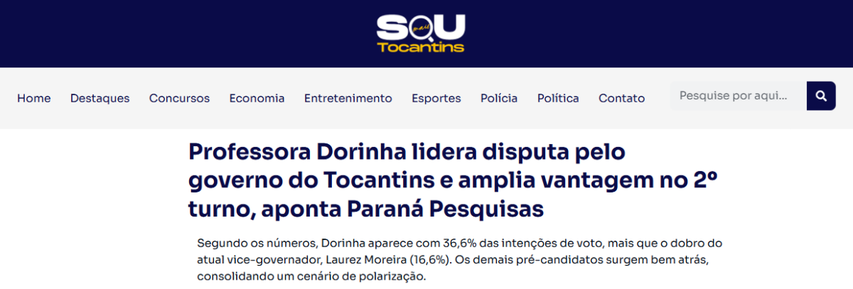 Sou Mais Tocantins cita pesquisa realizada pela Paraná Pesquisas no Estado do Tocantins.