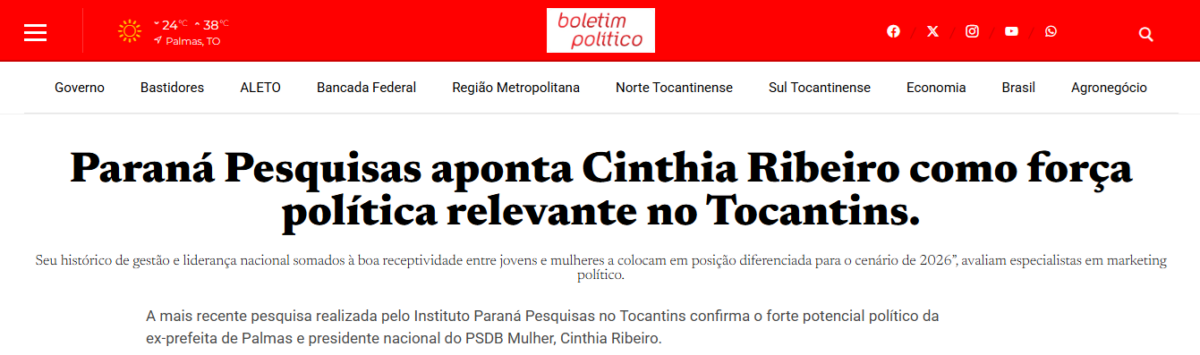 Boletim Político cita pesquisa realizada pela Paraná Pesquisas no Estado do Tocantins.