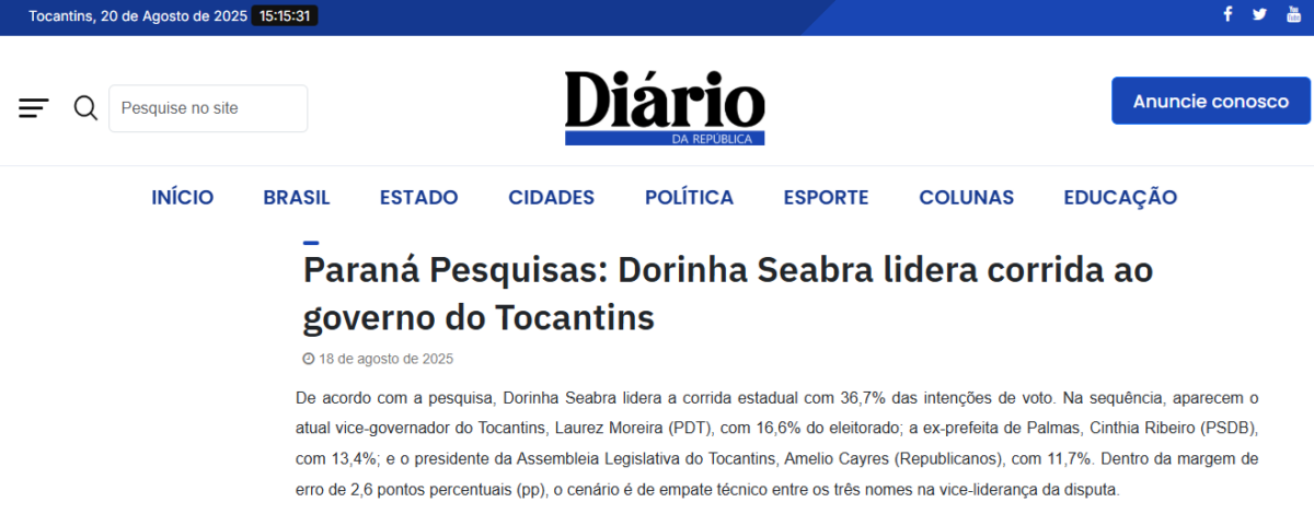Diário da República cita pesquisa realizada pela Paraná Pesquisas no Estado do Tocantins. 2 Diário da República cita pesquisa realizada pela Paraná Pesquisas no Estado do Tocantins.