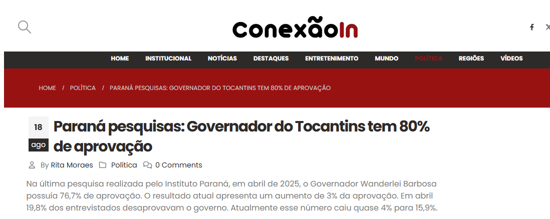 Conexão In cita pesquisa realizada pela Paraná Pesquisas no Estado do Tocantins.
