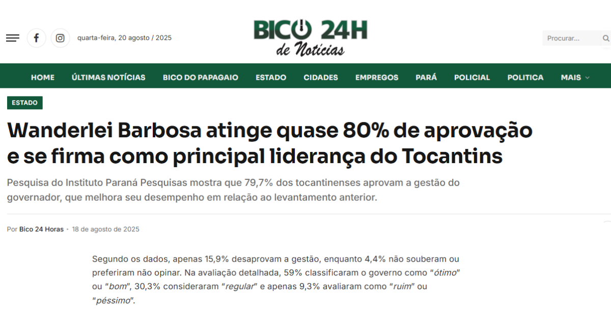 Bico 24 Horas cita pesquisa realizada pela Paraná Pesquisas no Estado do Tocantins.