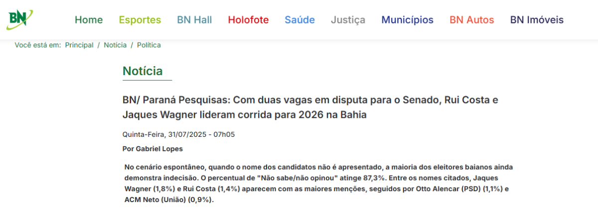 Bahia Notícias cita pesquisa realizada pela Paraná Pesquisas no Estado da Bahia.