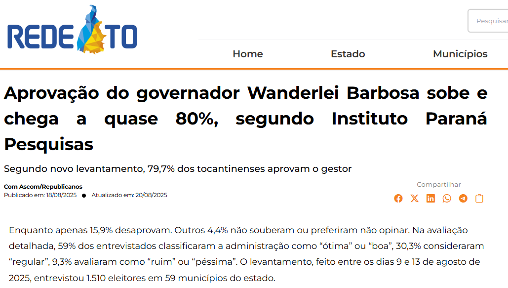 Rede TO cita pesquisa realizada pela Paraná Pesquisas no Estado do Tocantins.