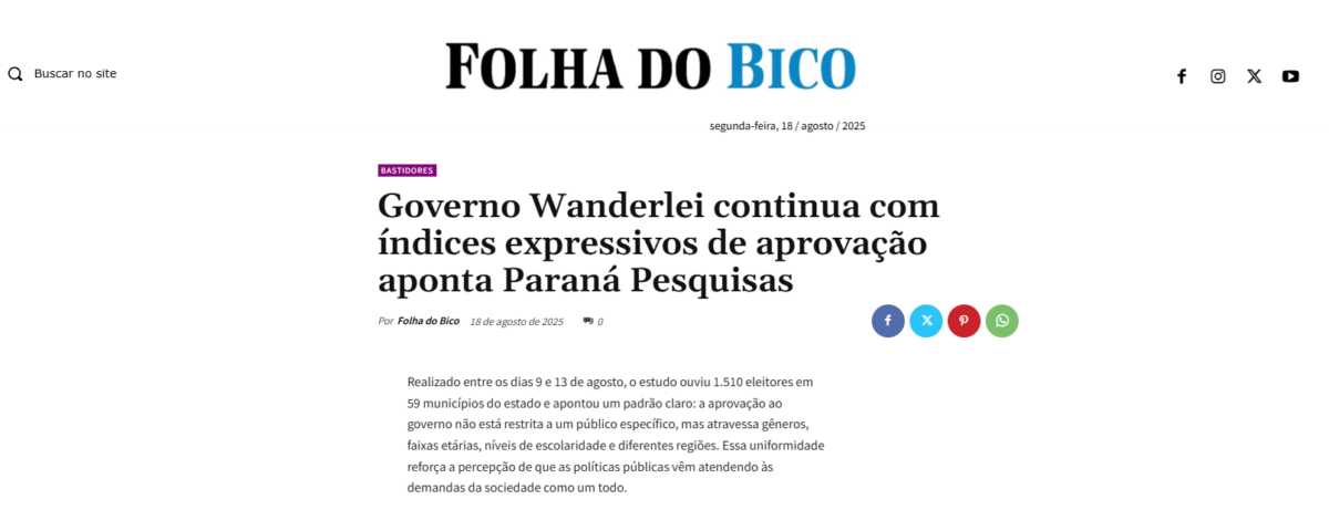 Folha do Bico cita pesquisa realizada pela Paraná Pesquisas no Estado do Tocantins. 2 Folha do Bico cita pesquisa realizada pela Paraná Pesquisas no Estado do Tocantins.