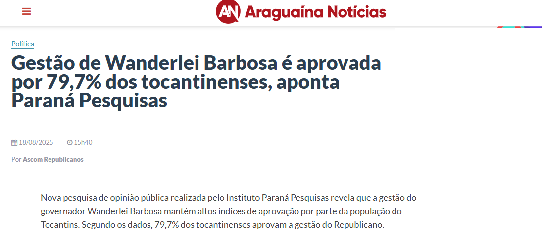 Araguaína Notícias cita pesquisa realizada pela Paraná Pesquisas no Estado do Tocantins. 2 Araguaína Notícias cita pesquisa realizada pela Paraná Pesquisas no Estado do Tocantins.