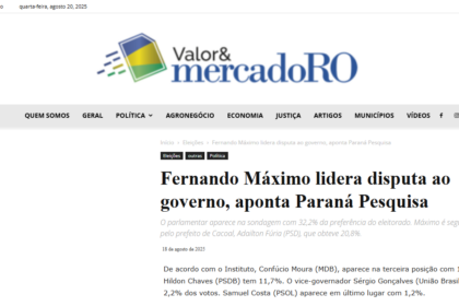 Valor e Mercado RO cita pesquisa realizada pela Paraná Pesquisas no Estado de Rondônia.