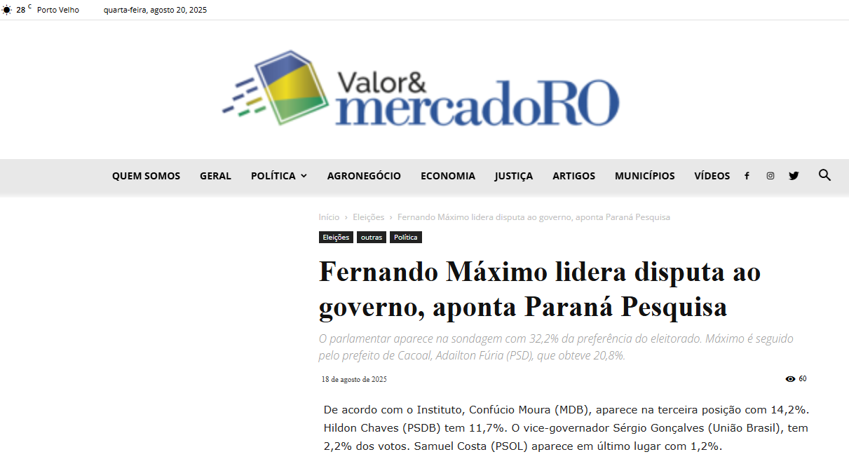 Valor e Mercado RO cita pesquisa realizada pela Paraná Pesquisas no Estado de Rondônia. 1 Valor e Mercado RO cita pesquisa realizada pela Paraná Pesquisas no Estado de Rondônia.