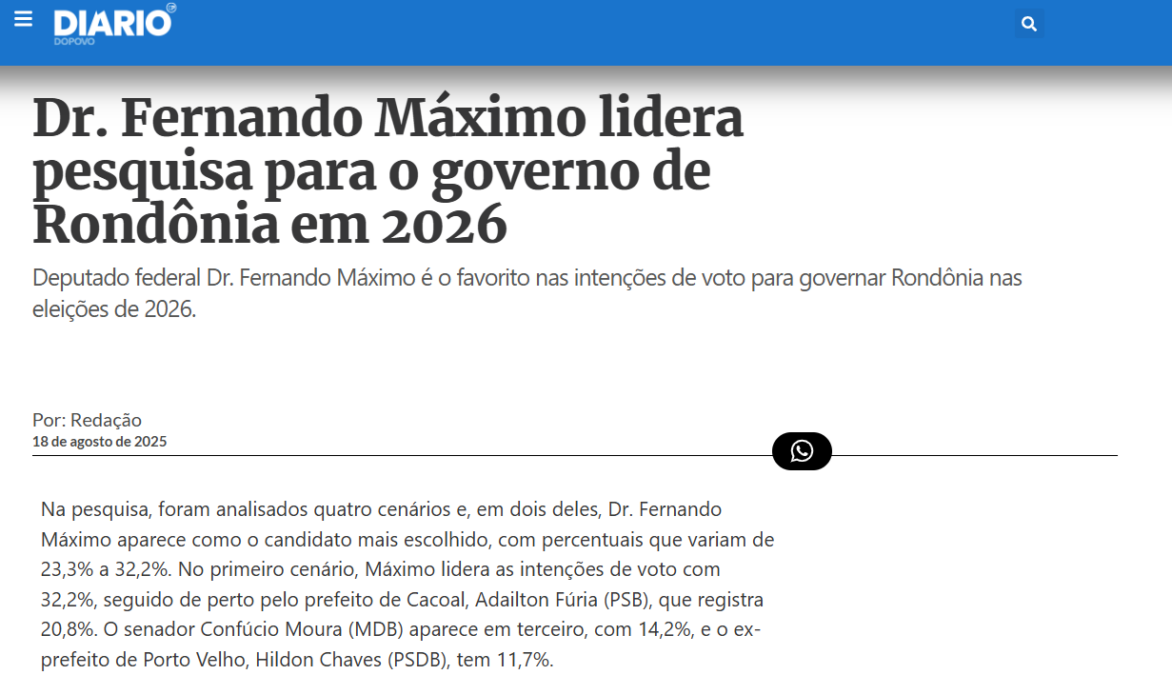 Diário do Povo cita pesquisa realizada pela Paraná Pesquisas no Estado de Rondônia.