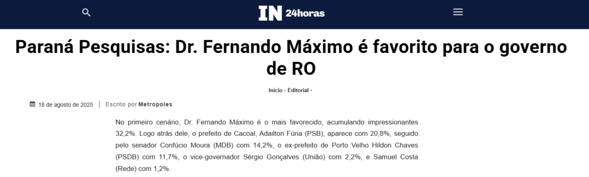Itamaraju Notícias cita pesquisa realizada pela Paraná Pesquisas no Estado de Rondônia.