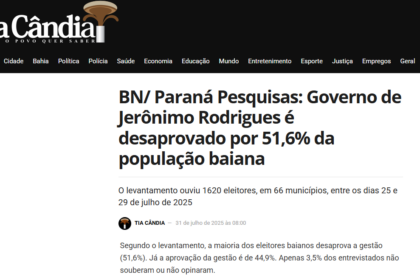 Tia Cândia cita pesquisa realizada pela Paraná Pesquisas no Estado da Bahia.