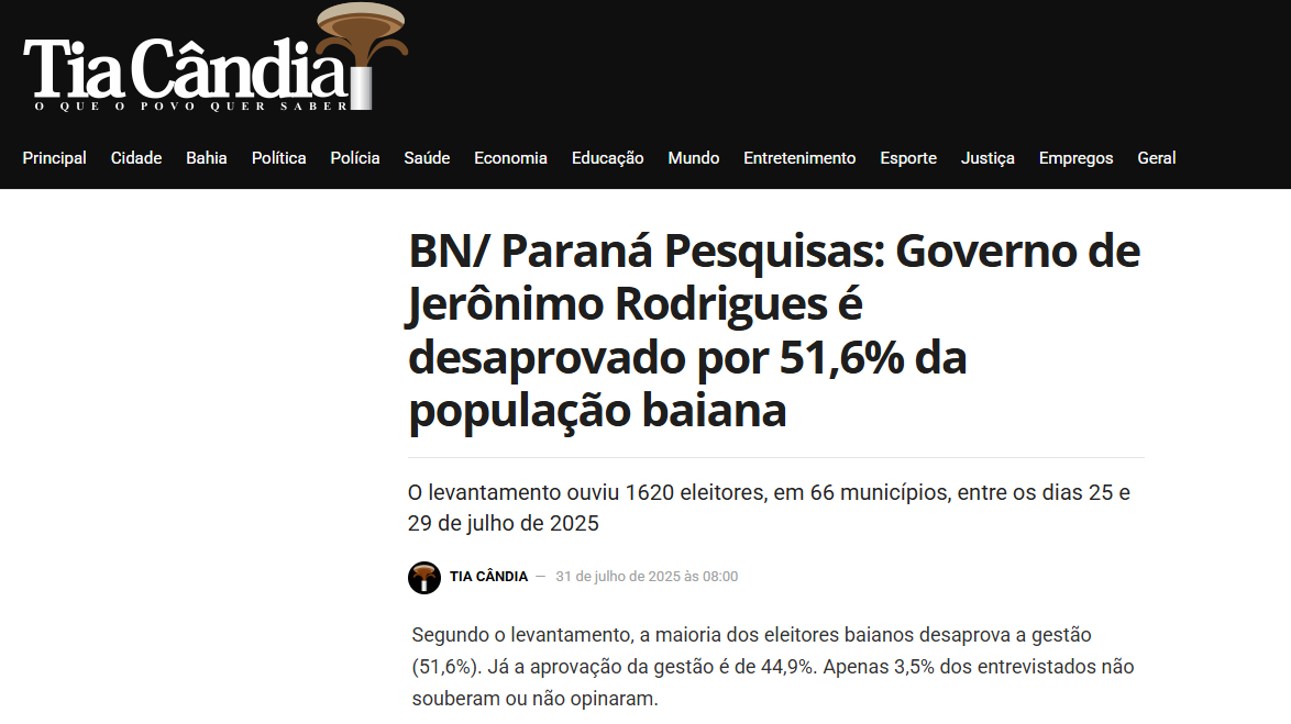 Tia Cândia cita pesquisa realizada pela Paraná Pesquisas no Estado da Bahia. 2 Tia Cândia cita pesquisa realizada pela Paraná Pesquisas no Estado da Bahia.