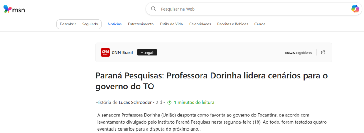 MSN cita pesquisa realizada pela Paraná Pesquisas no Estado do Tocantins. 2 MSN cita pesquisa realizada pela Paraná Pesquisas no Estado do Tocantins.