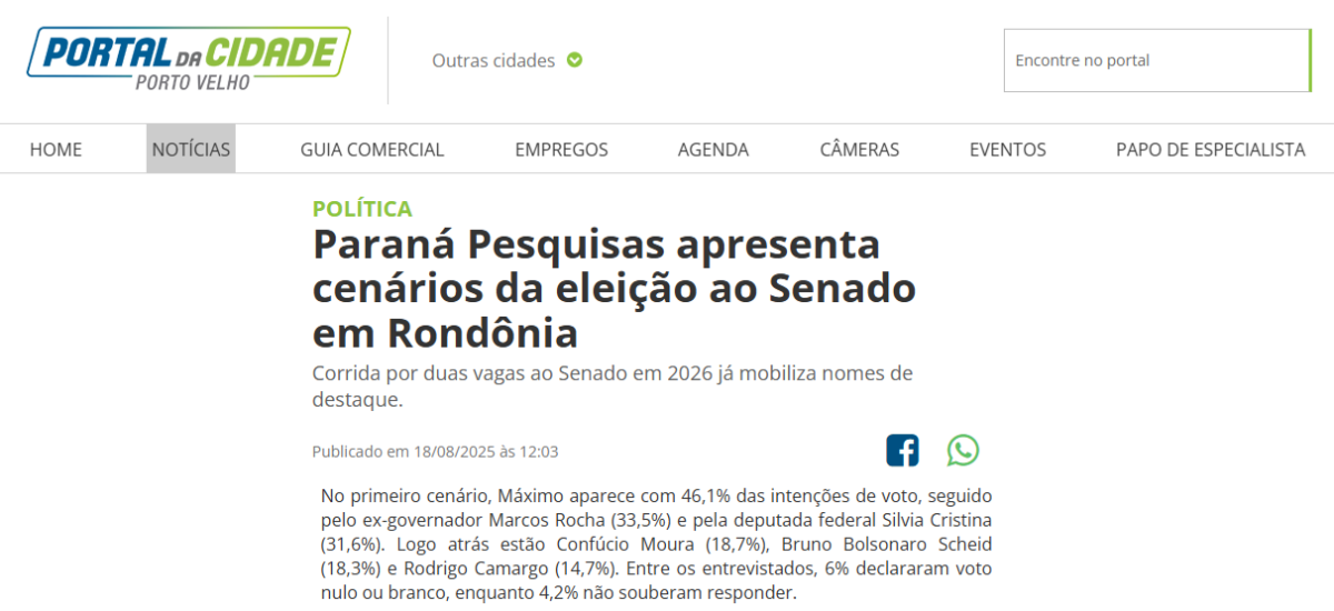 Portal da Cidade Porto Velho cita pesquisa realizada pela Paraná Pesquisas no Estado de Rondônia.