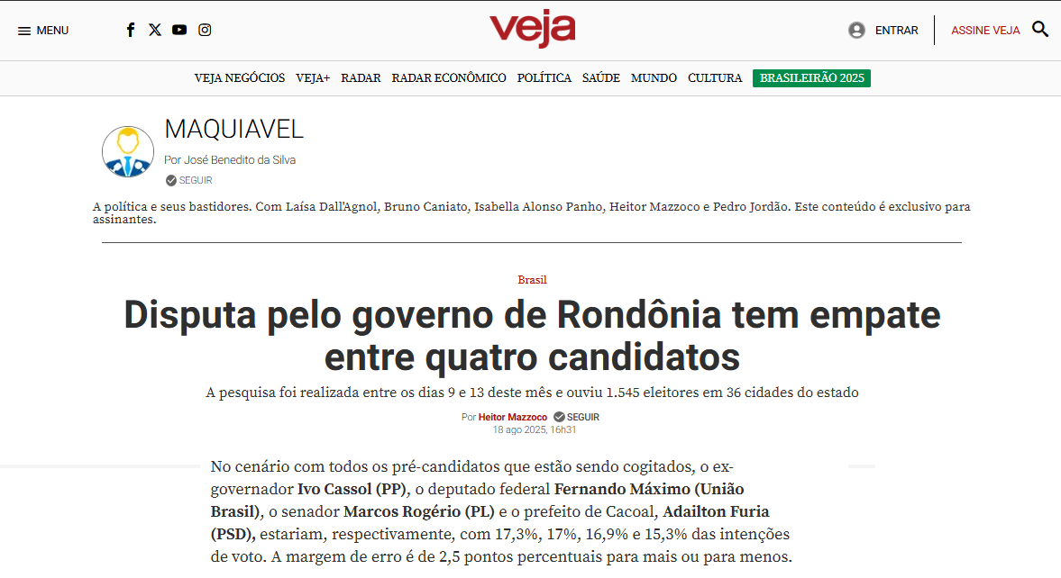 Veja cita pesquisa realizada pela Paraná Pesquisas no Estado de Rondônia. 2 Veja cita pesquisa realizada pela Paraná Pesquisas no Estado de Rondônia.