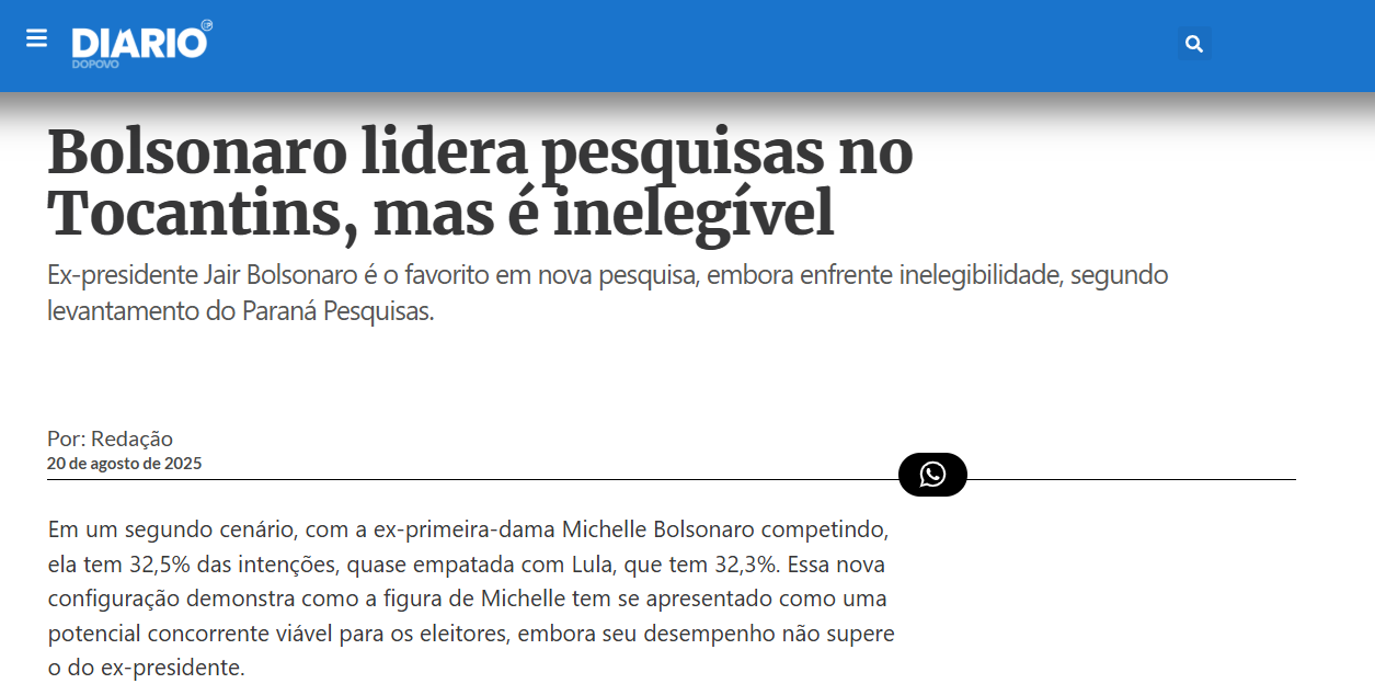 Diário do Povo cita pesquisa realizada pela Paraná Pesquisas no Estado do Tocantins. 1 Diário do Povo cita pesquisa realizada pela Paraná Pesquisas no Estado do Tocantins.
