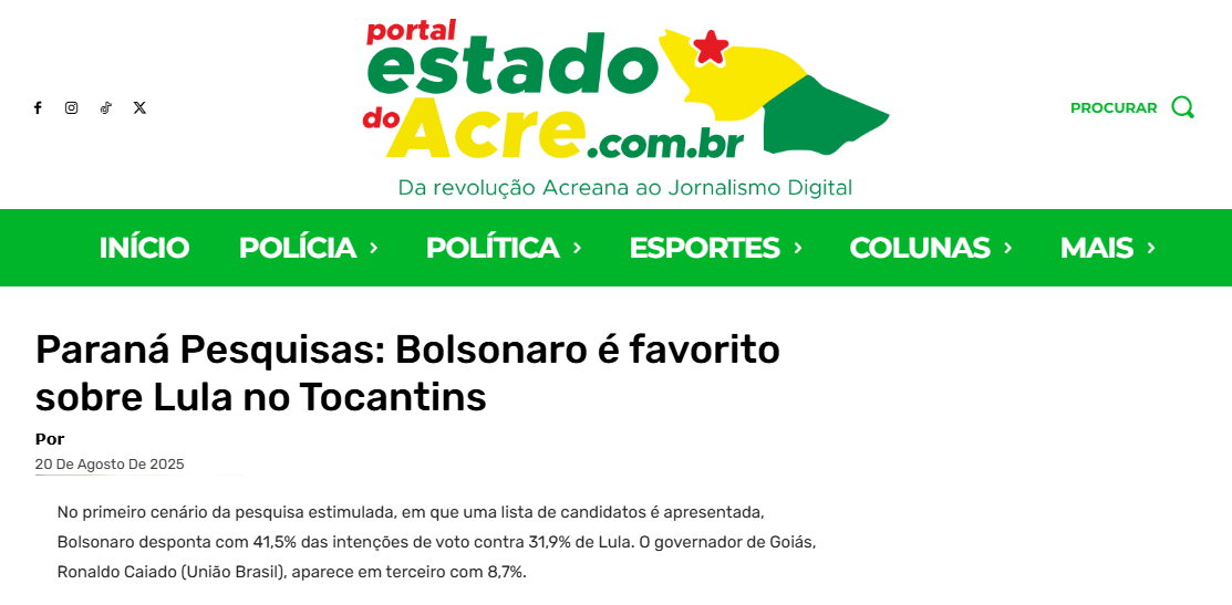 Portal Estado do Acre cita pesquisa realizada pela Paraná Pesquisas no Estado do Tocantins.