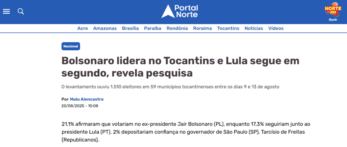 Portal Norte cita pesquisa realizada pela Paraná Pesquisas no Estado do Tocantins. 2 Portal Norte cita pesquisa realizada pela Paraná Pesquisas no Estado do Tocantins.