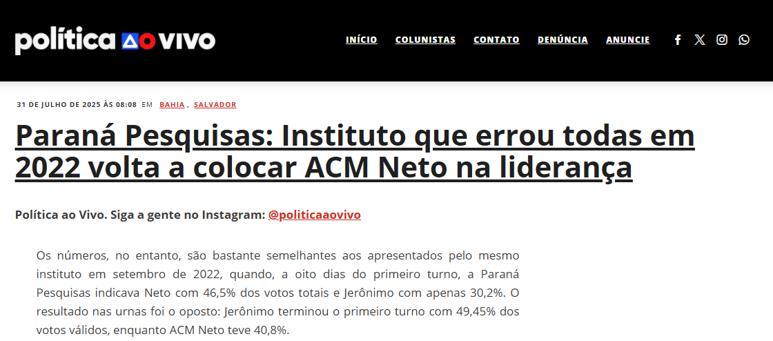 Política ao Vivo cita pesquisa realizada pela Paraná Pesquisas no Estado da Bahia.