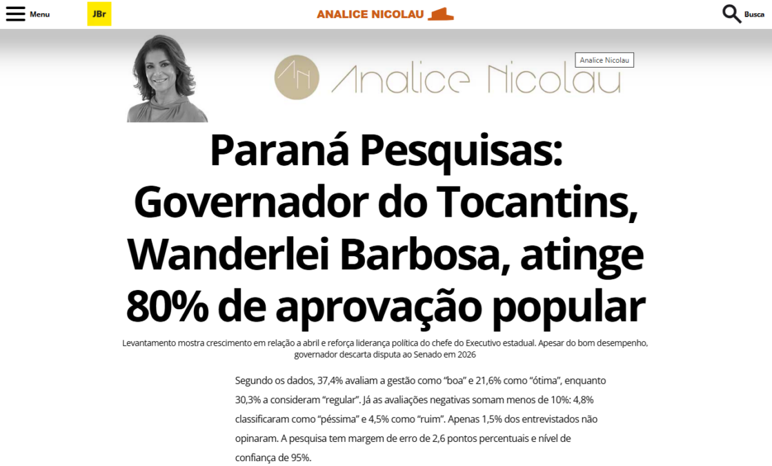 Jornal de Brasília cita pesquisa realizada pela Paraná Pesquisas no Estado do Tocantins. 2 Jornal de Brasília cita pesquisa realizada pela Paraná Pesquisas no Estado do Tocantins.