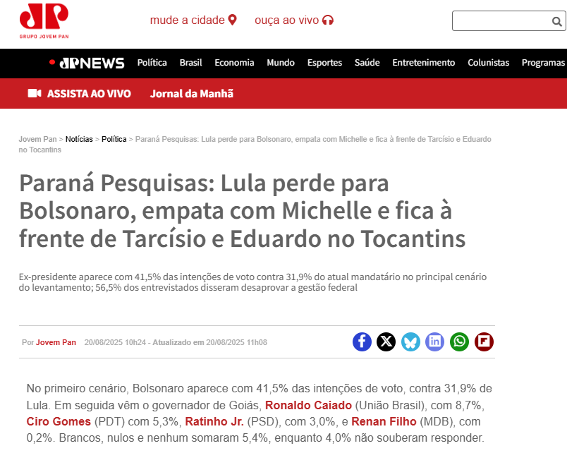 Jovem Pan cita pesquisa realizada pela Paraná Pesquisas no Estado do Tocantins. 2 Jovem Pan cita pesquisa realizada pela Paraná Pesquisas no Estado do Tocantins.