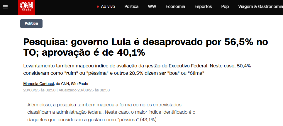 CNN Brasil cita pesquisa realizada pela Paraná Pesquisas no Estado do Tocantins. 2 CNN Brasil cita pesquisa realizada pela Paraná Pesquisas no Estado do Tocantins.