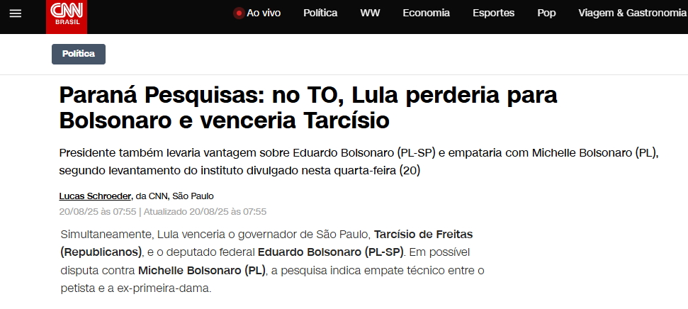 CNN Brasil cita pesquisa realizada pela Paraná Pesquisas no Estado do Tocantins. 2 CNN Brasil cita pesquisa realizada pela Paraná Pesquisas no Estado do Tocantins.