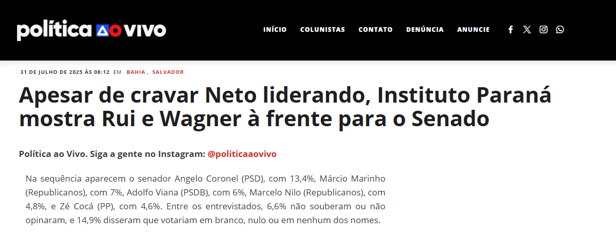 Política ao Vivo cita pesquisa realizada pela Paraná Pesquisas no Estado da Bahia.