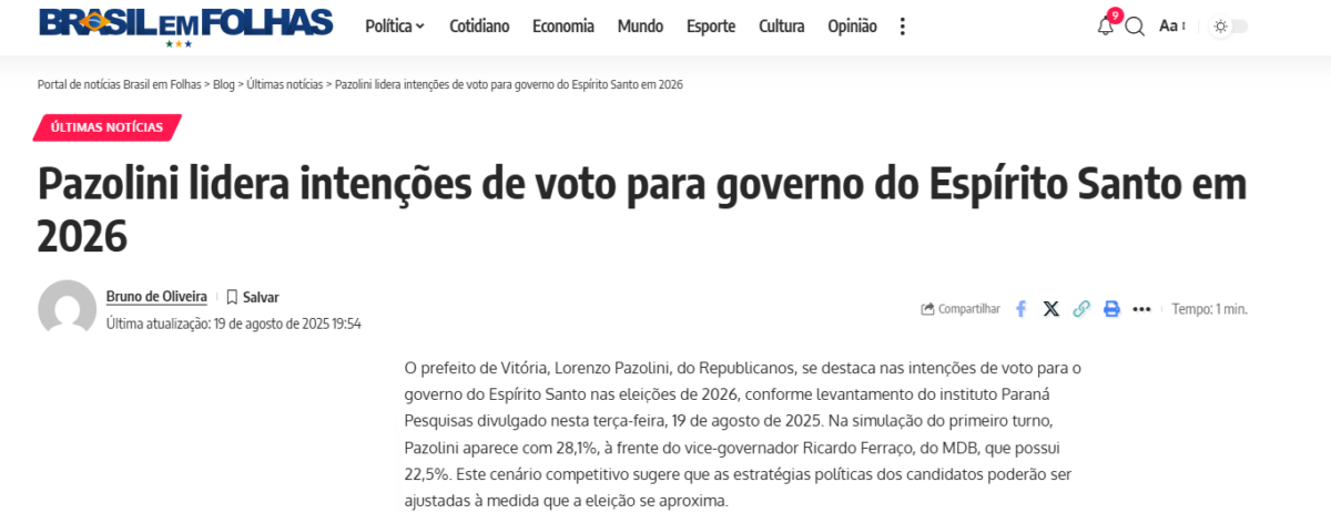 Brasil em Folhas cita pesquisa realizada pela Paraná Pesquisas no Estado do Espírito Santo. 2 Brasil em Folhas cita pesquisa realizada pela Paraná Pesquisas no Estado do Espírito Santo.