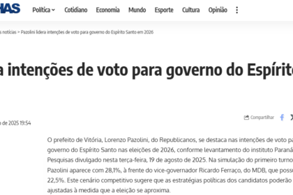 Brasil em Folhas cita pesquisa realizada pela Paraná Pesquisas no Estado do Espírito Santo.