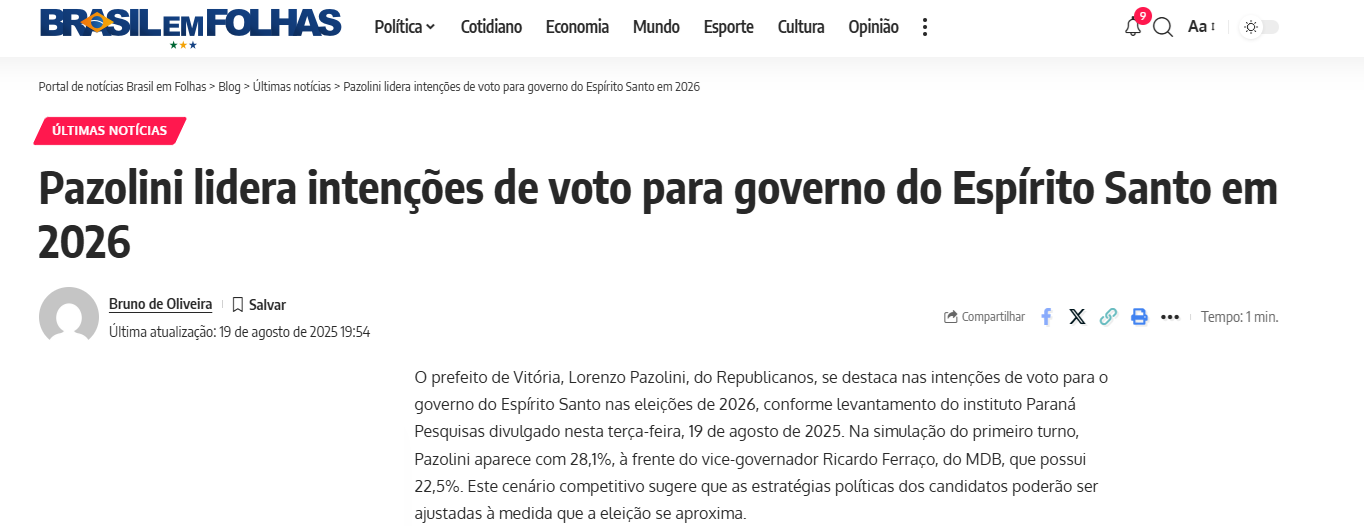 Brasil em Folhas cita pesquisa realizada pela Paraná Pesquisas no Estado do Espírito Santo. 1 Brasil em Folhas cita pesquisa realizada pela Paraná Pesquisas no Estado do Espírito Santo.