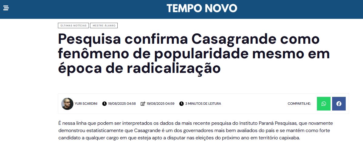 Tempo Novo cita pesquisa realizada pela Paraná Pesquisas no Estado do Espírito Santo. 2 Tempo Novo cita pesquisa realizada pela Paraná Pesquisas no Estado do Espírito Santo.