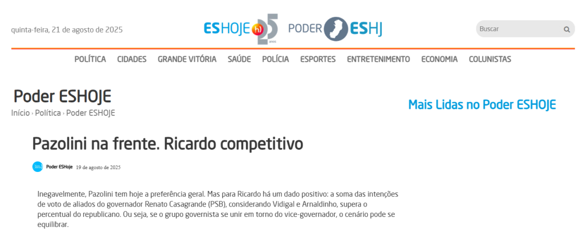 ES Hoje cita pesquisa realizada pela Paraná Pesquisas no Estado do Espírito Santo. 2 ES Hoje cita pesquisa realizada pela Paraná Pesquisas no Estado do Espírito Santo.