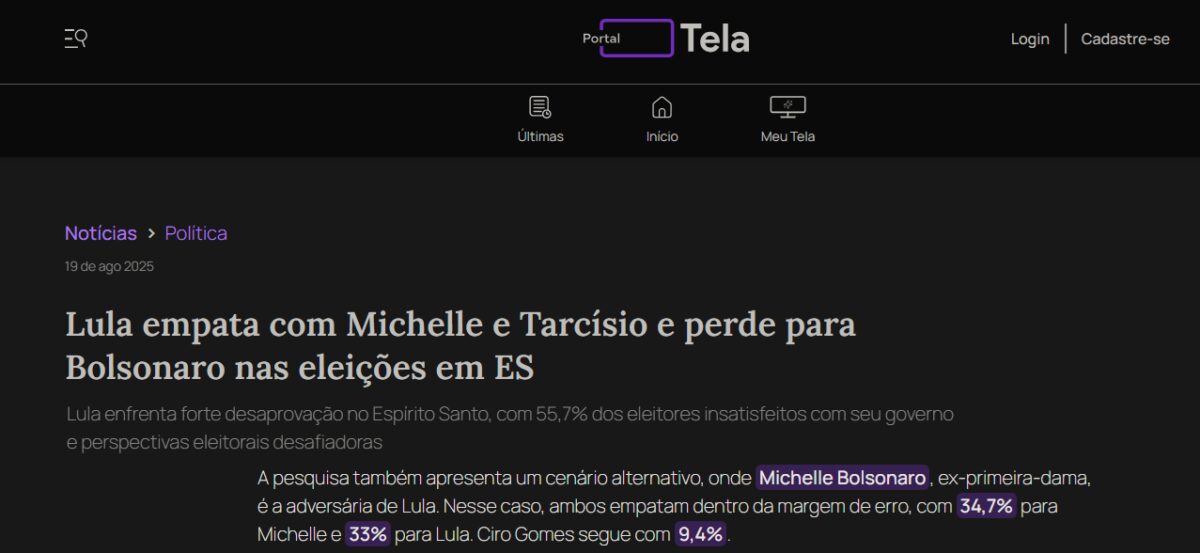 Portal Tela cita pesquisa realizada pela Paraná Pesquisas no Estado do Espírito Santo.