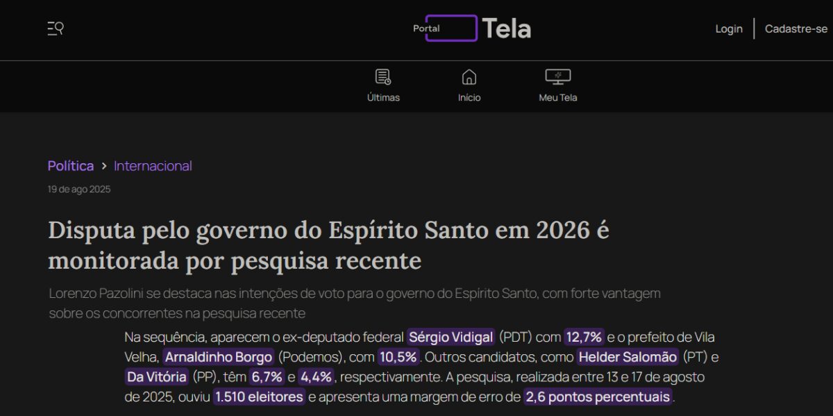 Portal Tela cita pesquisa realizada pela Paraná Pesquisas no Estado do Espírito Santo. 2 Portal Tela cita pesquisa realizada pela Paraná Pesquisas no Estado do Espírito Santo.