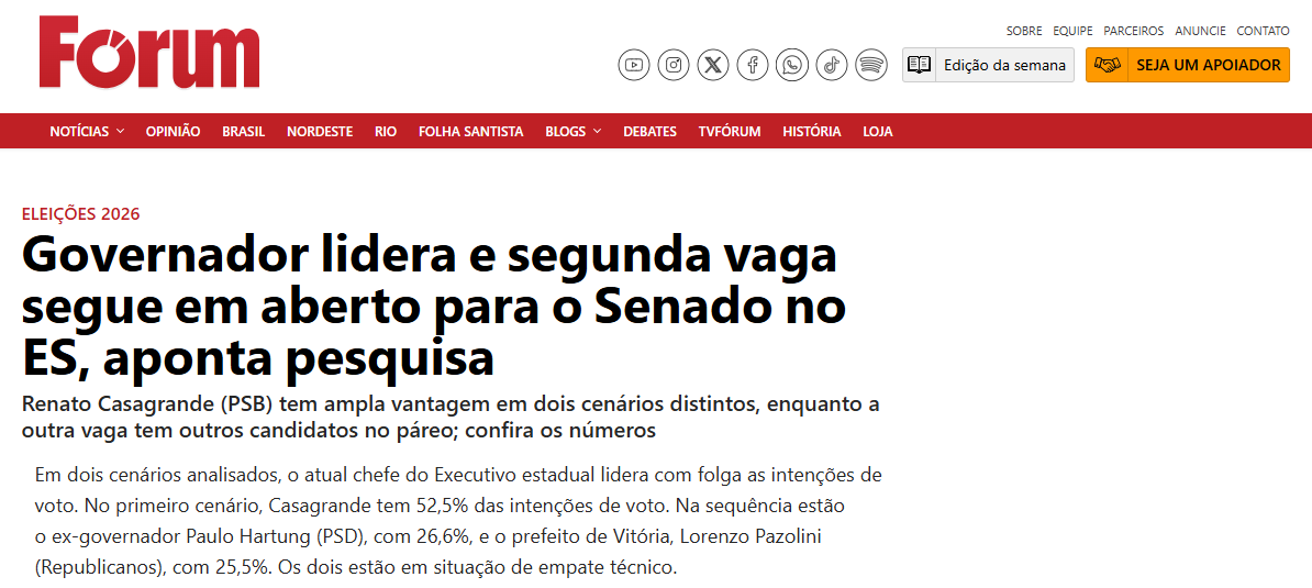 Revista Forum cita pesquisa realizada pela Paraná Pesquisas no Estado do Espírito Santo. 2 Revista Forum cita pesquisa realizada pela Paraná Pesquisas no Estado do Espírito Santo.