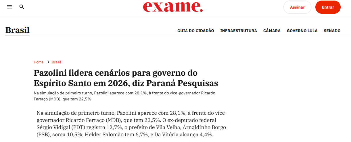 Exame cita pesquisa realizada pela Paraná Pesquisas no Estado do Espírito Santo. 1 Exame cita pesquisa realizada pela Paraná Pesquisas no Estado do Espírito Santo.