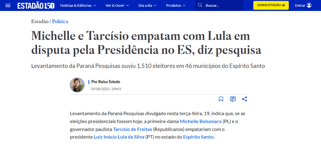 Estadão cita pesquisa realizada pela Paraná Pesquisas no Estado do Espírito Santo. 2 Estadão cita pesquisa realizada pela Paraná Pesquisas no Estado do Espírito Santo.