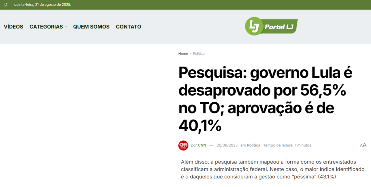 Portal LJ cita pesquisa realizada pela Paraná Pesquisas no Estado do Tocantins. 2 Portal LJ cita pesquisa realizada pela Paraná Pesquisas no Estado do Tocantins.