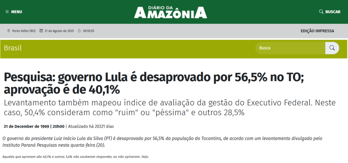 Diário da Amazônia cita pesquisa realizada pela Paraná Pesquisas no Estado do Tocantins. 2 Diário da Amazônia cita pesquisa realizada pela Paraná Pesquisas no Estado do Tocantins.