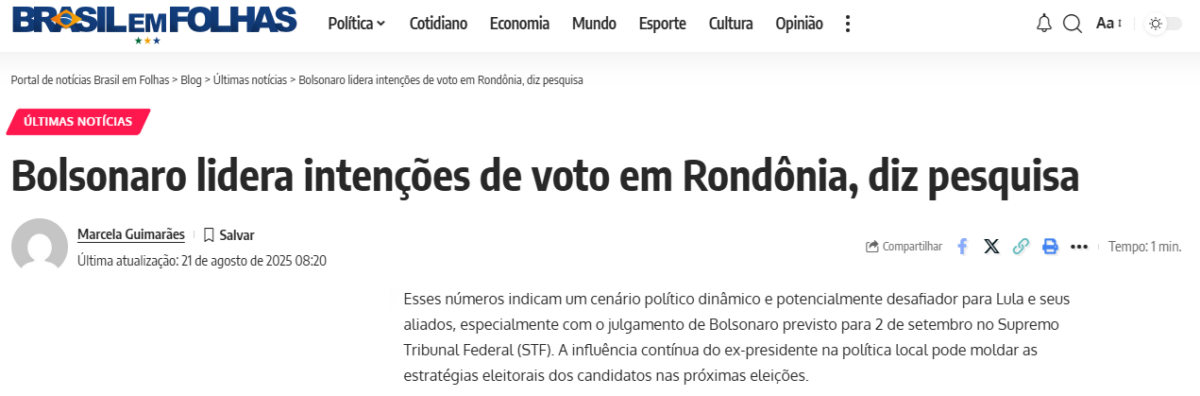 Brasil em Folhas cita pesquisa realizada pela Paraná Pesquisas no Estado de Rondônia. 2 Brasil em Folhas cita pesquisa realizada pela Paraná Pesquisas no Estado de Rondônia.
