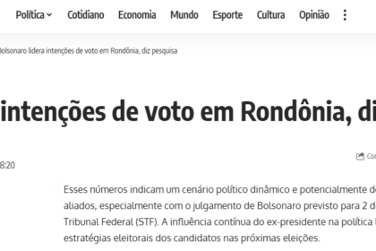 Brasil em Folhas cita pesquisa realizada pela Paraná Pesquisas no Estado de Rondônia.